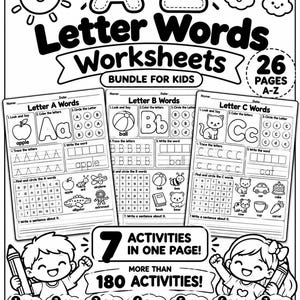 May include: A black and white educational worksheet bundle titled A-Z Letter Words Worksheets featuring 26 pages for kids. The pages include activities like tracing letters, coloring, circling letters, and writing words with illustrations of objects.