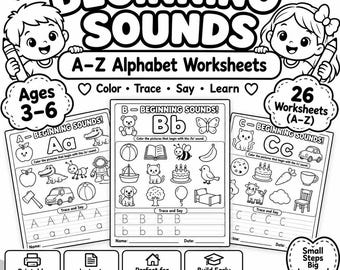 Może przedstawiać: Zestaw edukacyjnych arkuszy ćwiczeń w czerni i bieli zatytułowany Beginning Sounds A-Z Alphabet Worksheets dla dzieci w wieku 3-6 lat. Strony zawierają ilustracje przedmiotów, litery do kreślenia i postacie. Zawiera 26 arkuszy PDF do druku.