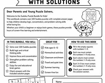 Op de afbeelding: Een zwart-wit Sudoku werkboekpagina getiteld Welcome to Over 220+ Sudoku Puzzles with Solutions. Het bevat instructies, een cartoon breinfiguur, een voorbeeldrooster, een trofee-icoon en secties voor naam, startdatum en datum van voltooiing.