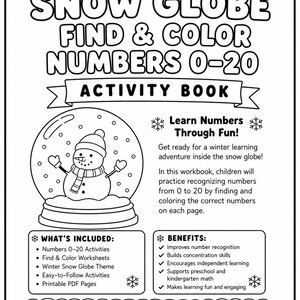 Snöglob Hitta och färglägg siffrorna 0–20 | Vinteraktivitetsbok för sifferigenkänning för förskola/dagis | Utskrivbara matteblad i PDF-format