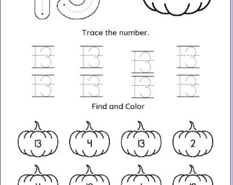 May include: A black and white educational worksheet featuring the number 13 and a pumpkin illustration. It includes sections to trace the number 13 and a find and color activity with multiple pumpkins labeled with various numbers. Text includes Printlabnest.