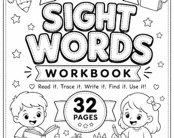 Op de afbeelding: Een zwart-wit kleurboekomslag getiteld I Can Read SIGHT WORDS WORKBOOK met 32 pagina's. Het bevat illustraties van een lachend kleurpotlood, een boek, een lezend kind, een schrijvend kind, een stapel boeken met een appel en sterren.