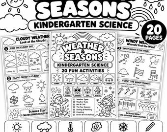 Może przedstawiać: Zestaw czarno-białych arkuszy do druku zatytułowanych Weather & Seasons Kindergarten Science. Strony zawierają ćwiczenia edukacyjne, w tym liczenie, sortowanie i dopasowywanie rodzajów pogody, pór roku oraz narzędzi z ilustracjami słońc, chmur i dzieci.
