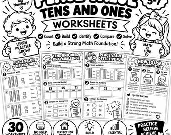 Op de afbeelding: Een zwart-wit werkbladenset getiteld Place Value Tens and Ones voor kinderen van 5-7 jaar. Het bevat illustraties van kinderen, wiskundige opgaven, diagrammen met tientallen en enen, en instructies voor het tellen en vergelijken.
