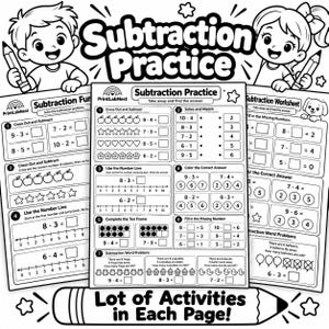 Può includere: Un set di schede didattiche in bianco e nero intitolato Subtraction Practice con problemi di sottrazione, linee dei numeri e illustrazioni di mele, stelle, cuori, fiori e anatre. Le pagine includono testo e personaggi.