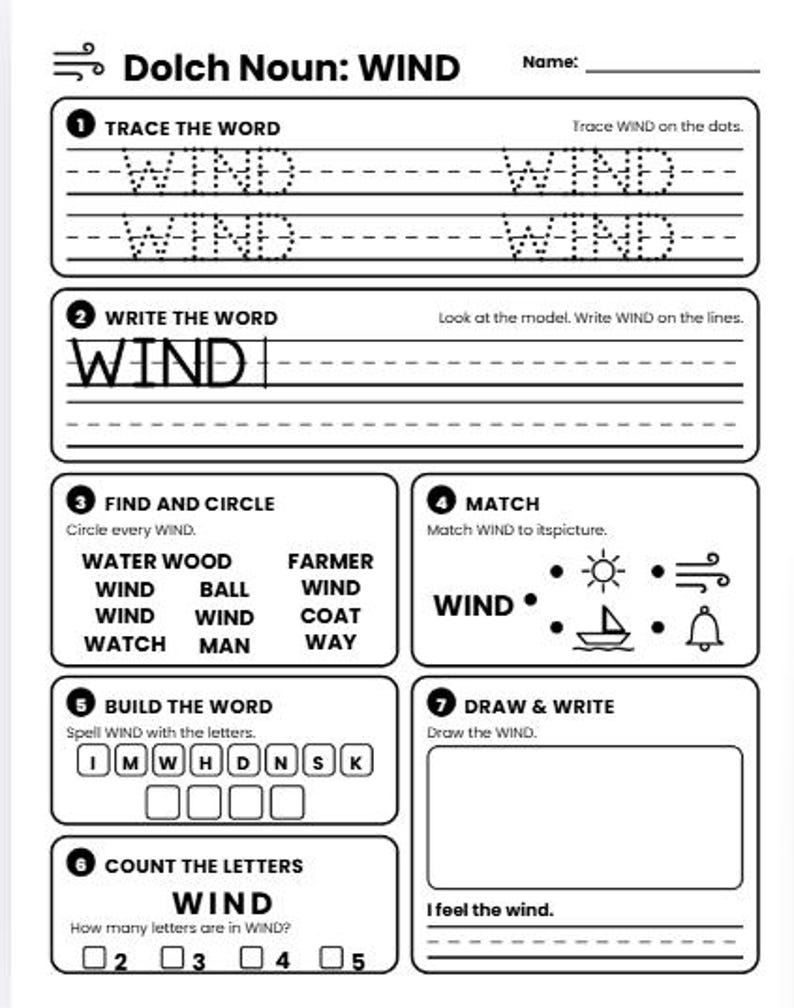 Dolch Noun Worksheets, 95 Printable Pages, Sight Word Practice, Trace ...
