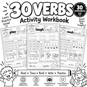 Könnte beinhalten: Ein schwarz-weißes Arbeitsheft mit dem Titel 30 Verbs Activity Workbook, das 30 Arbeitsblätter für Kinder enthält. Die Seiten umfassen Übungen zum Lesen, Nachspuren, Bilden und Schreiben von Verben wie play, laugh und wash, ergänzt durch Illustrationen.