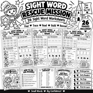 Può includere: Un set educativo stampabile in bianco e nero intitolato Sight Word Rescue Mission con 26 schede didattiche. Le pagine includono attività per trovare, tracciare, leggere e costruire parole con un tema a cavaliere, più una lista.