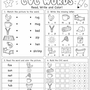 May include: A black and white educational worksheet titled CVC WORDS Read, Write and Color! featuring four sections with line art illustrations of a hen, mug, zipper, rug, shrimp, bed, fox, sun, net, cup, tub, jam, log, cap, and bathtub.