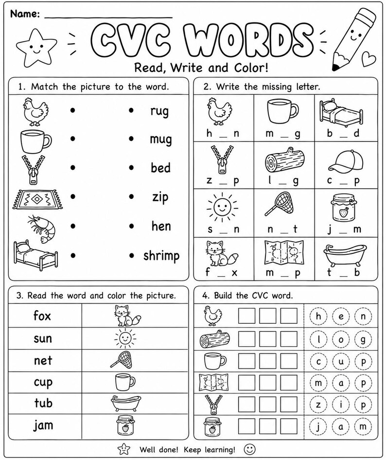 May include: A black and white educational worksheet titled CVC WORDS Read, Write and Color! featuring four sections with line art illustrations of a hen, mug, zipper, rug, shrimp, bed, fox, sun, net, cup, tub, jam, log, cap, and bathtub.