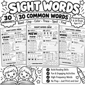 Puede incluir: Un conjunto de hojas de trabajo educativas en blanco y negro tituladas Sight Words 30 Common Words para jardín de infancia y primer grado. Las páginas incluyen actividades para leer, aplaudir, colorear, trazar, deletrear y encontrar palabras.