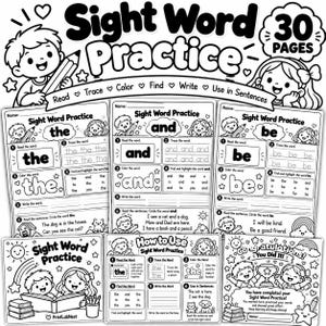 Può includere: Un set di quaderni didattici in bianco e nero intitolato Sight Word Practice con 30 pagine. Le pagine presentano bambini in stile cartoon, matite e attività come leggere, ricalcare, colorare, trovare e scrivere parole come the, and e be.
