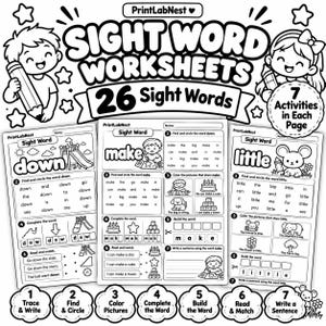 May include: A black and white educational printable set titled Sight Word Worksheets featuring 26 sight words. The pages include seven activities like tracing, circling, colouring, and building words with illustrations of children and animals.