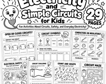 Op de afbeelding: Een zwart-wit educatief activiteitenboek getiteld Electricity and Simple Circuits for Kids met 29 pagina's. De omslag toont een gloeilampfiguur en diverse werkbladen over circuitsymbolen, geleiders, isolatoren en veiligheid.