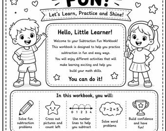 Op de afbeelding: Een zwart-wit pagina uit een educatief werkboek met de titel "WELCOME! SUBTRACTION FUN!", voorzien van illustraties van twee kinderen, een lachend potlood en een rugzak. De tekst bevat "Let's Learn, Practice and Shine!" en instructies voor aftrekoefeningen.