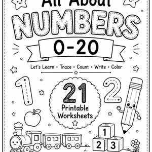 Può includere: Un foglio di lavoro educativo in bianco e nero intitolato All About Numbers 0-20. Presenta un treno, blocchi, una mela e un personaggio a forma di matita sorridente. Il testo include Let's Learn, Trace, Count, Write, Color, 21 Printable Worksheets e Preschool & Kindergarten.