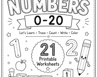 Op de afbeelding: Een zwart-wit educatief werkblad getiteld All About Numbers 0-20. Het bevat een trein, blokken, een appel en een lachend potloodkarakter. De tekst bevat Let's Learn, Trace, Count, Write, Color, 21 Printable Worksheets en Preschool & Kindergarten.
