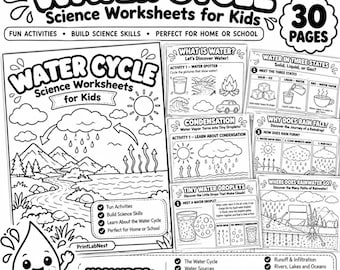 Op de afbeelding: Een 30-pagina tellende set zwart-wit werkbladen over de waterkringloop voor kinderen. De omslag toont een diagram van de waterkringloop met een zon, wolken, regen en bergen. De pagina's behandelen onderwerpen zoals waterfasen en condensatie.