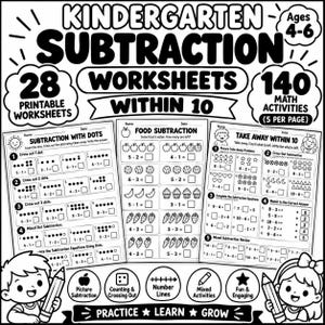 Könnte beinhalten: Ein Set aus 28 druckbaren Subtraktionsarbeitsblättern für den Kindergarten mit 140 Mathe-Aufgaben im Zahlenraum bis 10. Die schwarz-weißen Seiten enthalten Übungen wie Subtraktion mit Punkten, Essensmotiven und bildbasierten Aufgaben.