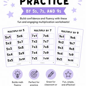 Pode incluir: Um conjunto de folhas de exercícios de multiplicação com três páginas rotuladas Multiply by 5, Multiply by 7 e Multiply by 9. As páginas contêm grelhas de problemas matemáticos. O documento inclui o texto Multiplication Practice by 5s, 7s, and 9s.