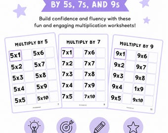 Op de afbeelding: Een set vermenigvuldigingsoefenbladen met drie pagina's gelabeld Multiply by 5, Multiply by 7 en Multiply by 9. De pagina's bevatten rasters met wiskundige sommen. Het document bevat de tekst Multiplication Practice by 5s, 7s, and 9s.