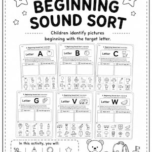 Könnte beinhalten: Ein schwarz-weißes Arbeitsblatt-Set mit dem Titel Welcome to BEGINNING SOUND SORT. Es enthält sechs einzelne Übungsblätter für die Buchstaben A, B, C, G, V und W mit Illustrationen zum Ausschneiden, Sortieren und Aufkleben.