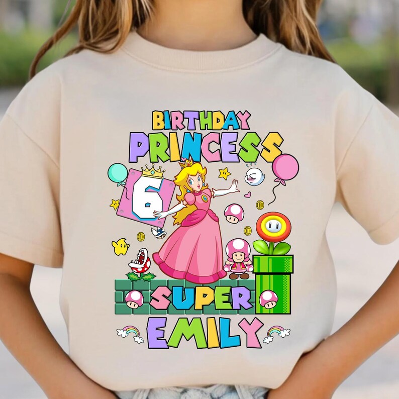 Custom Princess Peach Birthday Shirt | Mario Theme Party Name Tee afbeelding 6