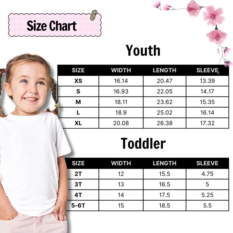 May include: A size chart for youth and toddler clothing, with measurements in inches. The chart includes sizes XS to XL for youth and 2T to 5-6T for toddlers, detailing width, length, and sleeve measurements. A young girl is in the image.