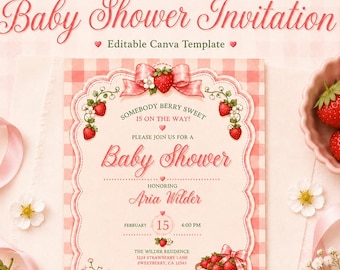 Somebody Berry Sweet Baby Shower Invitation, Strawberry Gingham (Digital Download)