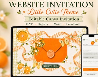 Little Cutie Baby Shower Website Invitation, Editable Citrus Orange Canva Template (Digital)