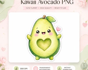 Kawaii Avocado PNG, Watercolor Avocado Clipart