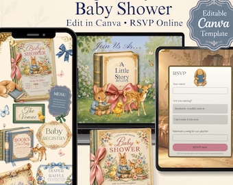 Vintage Storybook Baby Shower Website Template, Editable Canva Invitation, Online RSVP, A Little Story Begins