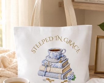 Steeped in Grace Blue Toille Tea Cup Stack Tote Bag | Floral Books Illustration