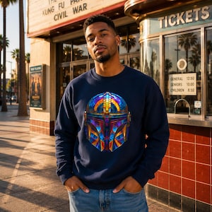 Navy blue unisex sweatshirt with colorful futuristic mandolorian style helmet graphic and space armor style artwork.