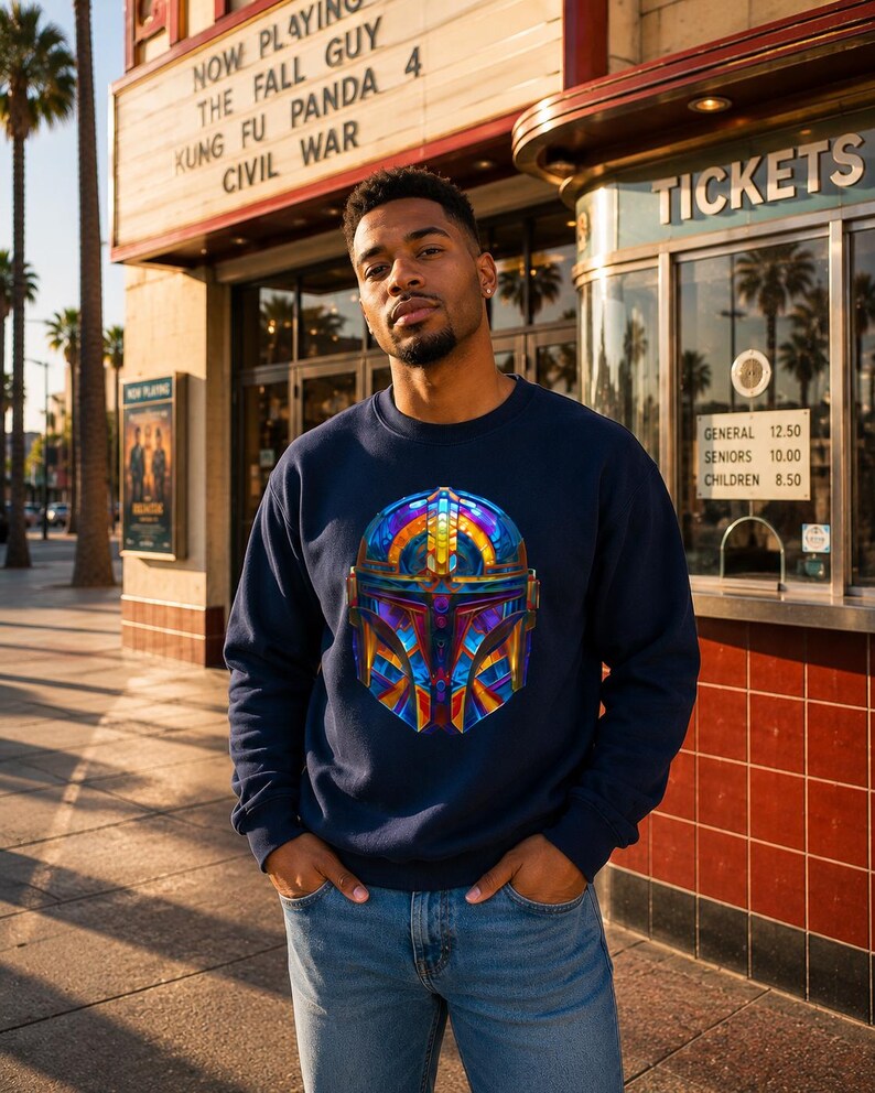 Navy blue unisex sweatshirt with colorful futuristic mandolorian style helmet graphic and space armor style artwork.