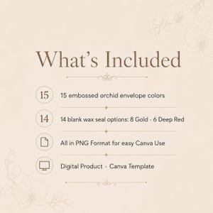 What’s included image listing 15 embossed orchid envelope colors, 14 blank wax seal options, PNG format, and Canva template use.