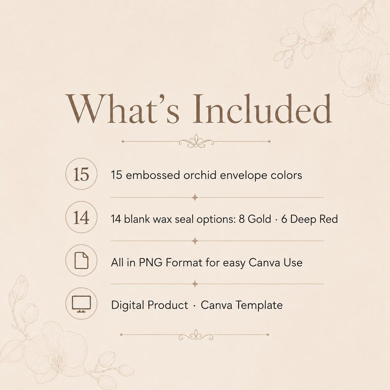 What’s included image listing 15 embossed orchid envelope colors, 14 blank wax seal options, PNG format, and Canva template use.