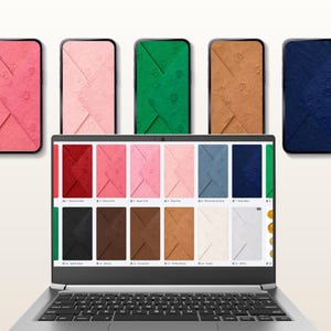 Laptop mockup showing embossed orchid envelope PNG assets displayed for Canva creators and digital invitation designers.