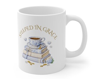 Durchdrungen von Gnade Becher | Tee Tassen Stapel, Bücher, Blumen Illustration