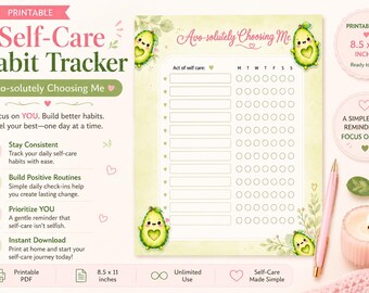 Printable Avocado Self Care Habit Tracker, Weekly Wellness Planner PDF