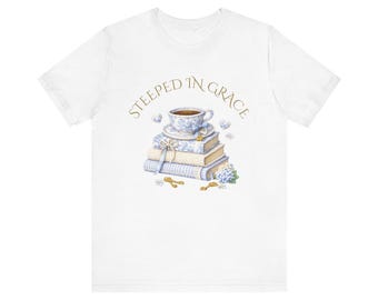 Durchdrungen von Anmut Blau Toille Teetasse und Bücher T-Shirt | Teetasse Illustration