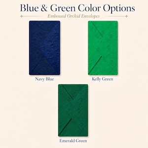 Blue and green embossed orchid envelope color options showing navy blue, Kelly green, and emerald green digital envelope assets.