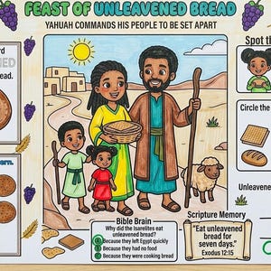 May include: A colorful educational worksheet titled "Feast of Unleavened Bread" with illustrations and activities. The image features a family, a lamb, and various tasks like tracing words, coloring, and a tic-tac-toe game. The text includes Bible verses.