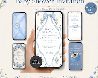 Animated French Floral Baby Shower Invitation, Blue Butterfly Theme (Digital Download)