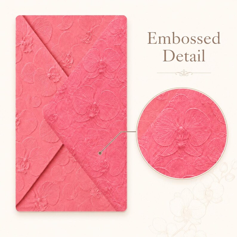 Peony pink embossed orchid envelope close-up with magnified detail preview showing raised floral texture.