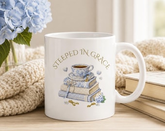 Steeped in Grace Mug | Tea Cup Stack, Books, Floral Illustration