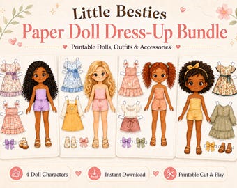 Ensemble d'habillages de poupées en papier à imprimer, personnages, tenues, accessoires variés (téléchargement numérique)