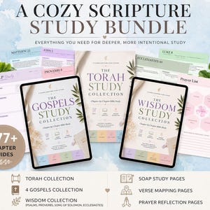 May include: A scripture study bundle featuring digital tablets displaying The Gospels Study Collection and The Wisdom Study Collection, alongside printed pages including The Torah Study Collection, S.O.A.P study sheets, and a prayer list with 477+ chapter guides.