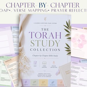May include: The Torah Study Collection, a guided scripture study system, is displayed with various study sheets and a Holy Bible. The cover features the title in purple and green, with the phrases "SOAP, Verse Mapping, Prayer Reflection."