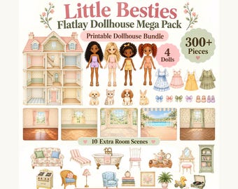Flatlay Dollhouse Mega Pack, Printable Canva Template, Paper Dolls, 10 Rooms, Furniture, Pets & Clothes